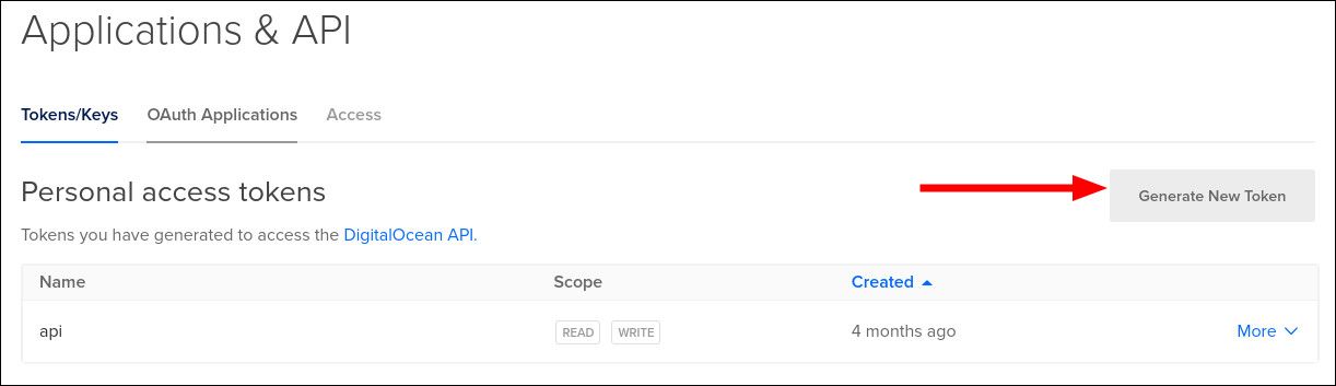 Скриншот панели управления API DigitalOcean с детальной информацией о токене