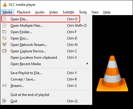 В VLC нажмите Media, затем Open File, чтобы открыть файл мультимедиа