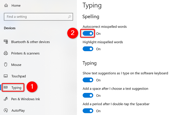 Переключатель Автозамена опечаток в Windows