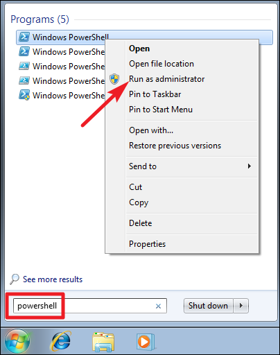 Запуск PowerShell от имени администратора в Windows 7/8