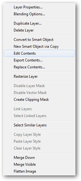 Контекстное меню Smart Object с пунктом Edit Contents