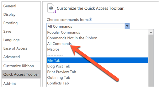 Окно параметров Word: выбор всех команд для панели быстрого доступа
