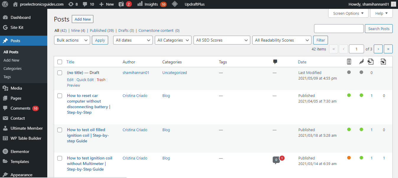 Список всех записей: опубликованные и черновики