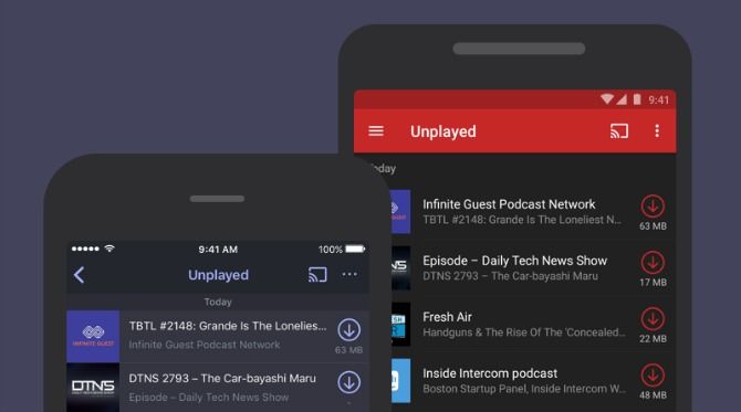 Список непрослушанных эпизодов в Pocket Casts — экран с очередью и метками