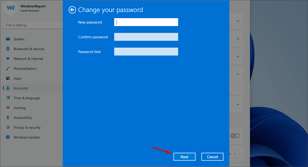 Imposta nuova password lasciare i campi vuoti
