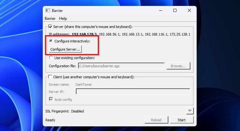 Окно Barrier с опцией Configure Server в интерактивном режиме