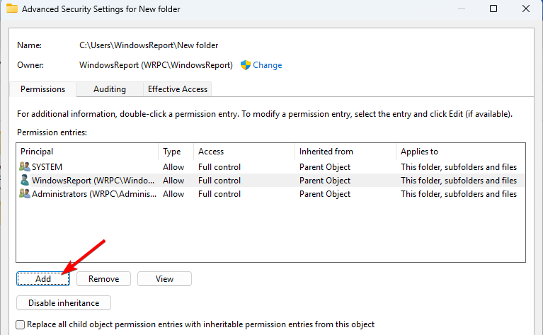 Кнопка Добавить в расширенных параметрах безопасности Windows