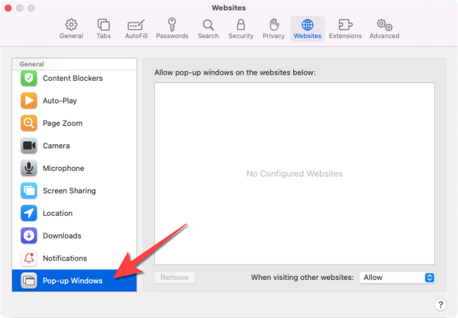 Параметр Всплывающие окна в разделе Общие