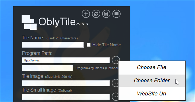 Примеры типов плиток: программа, папка, сайт