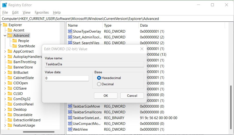 Диалог редактирования значения TaskbarDa в редакторе реестра