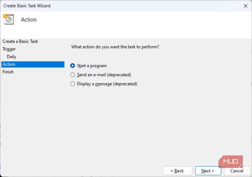 Выбор действия в Планировщике заданий