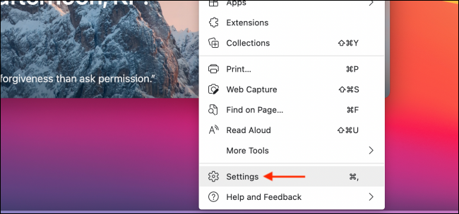 Выберите пункт Настройки в меню Microsoft Edge
