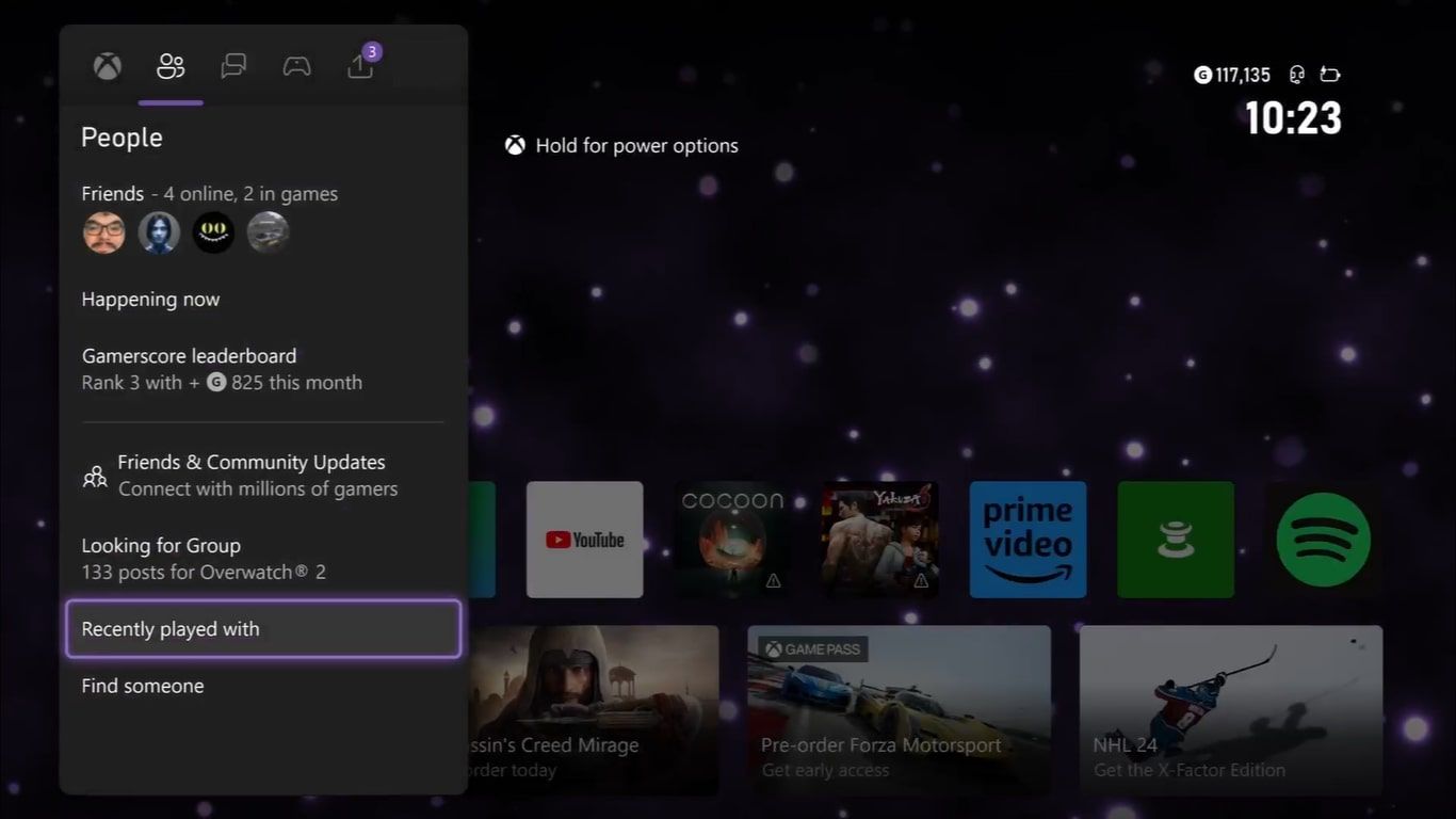 Меню Guide Xbox Series X с выделенным разделом Люди