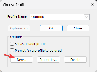 Создать новый профиль Outlook