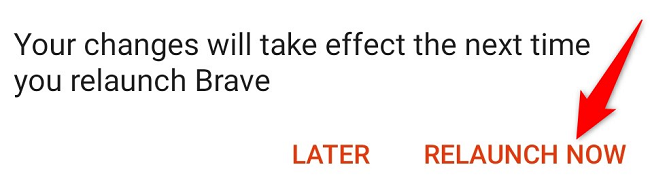 Подтверждение перезапуска Brave для применения ночного режима.