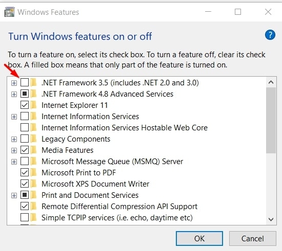 Включение .NET Framework 3.5 в компонентах Windows