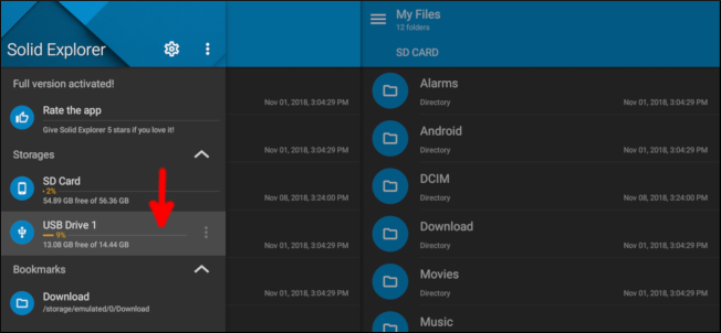 Просмотр USB‑накопителя в Solid Explorer