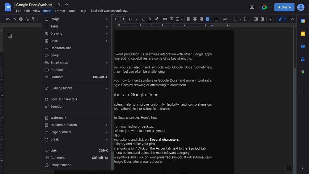 Вкладка 'Вставка' в Google Документы с раскрытым меню