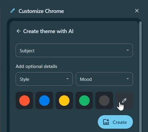 Seleziona soggetto, stile, mood e colore per il tema AI