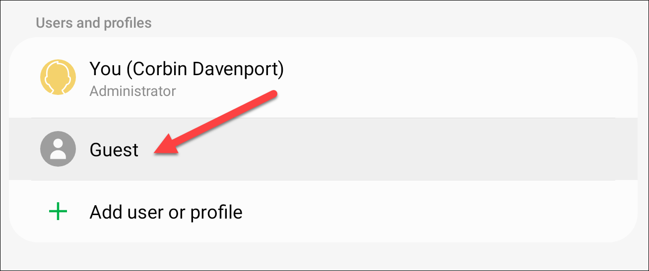 Выберите профиль «Гость» в списке пользователей