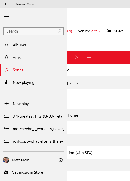 Боковая навигация приложения Groove с разделами библиотеки