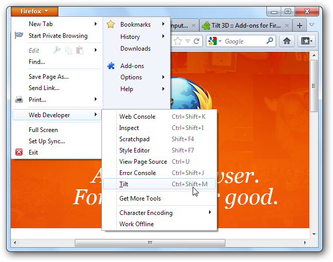 Option Tilt dans le menu développeur