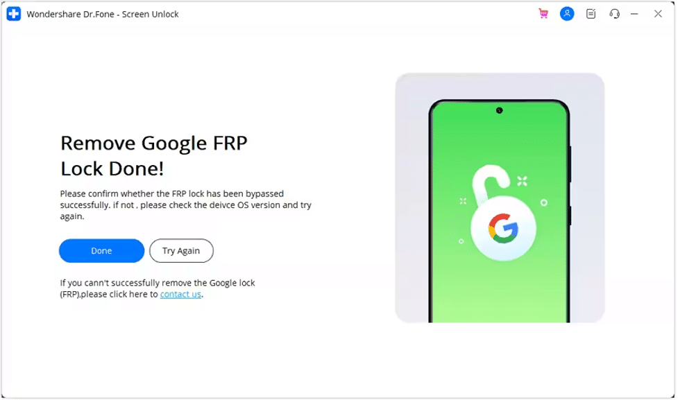 Процесс разблокировки в Dr.Fone и уведомление об успешном завершении