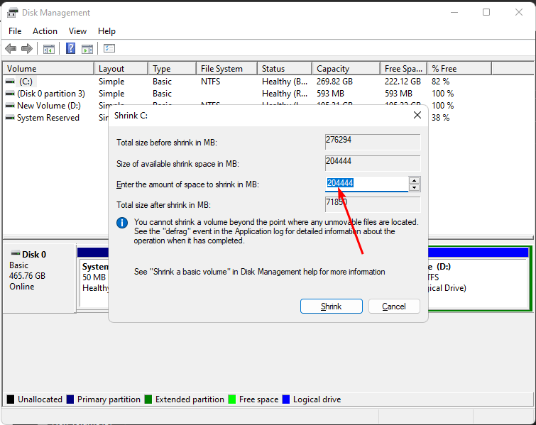 Поле ввода размера для уменьшения тома (в МБ)