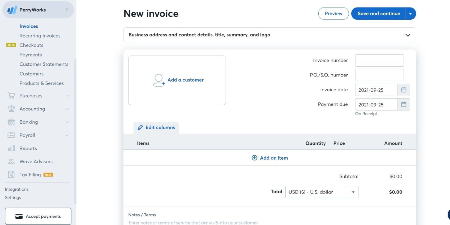 Creating new invoice on waves accounting