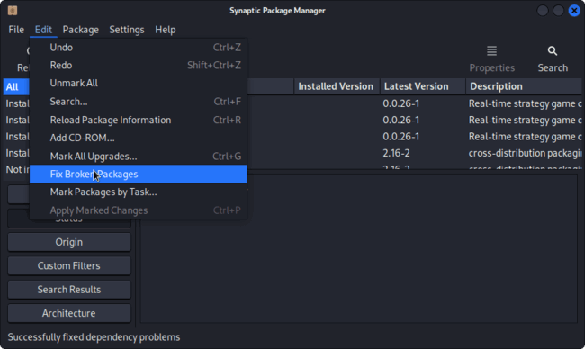 Исправление сломанных зависимостей в Synaptic