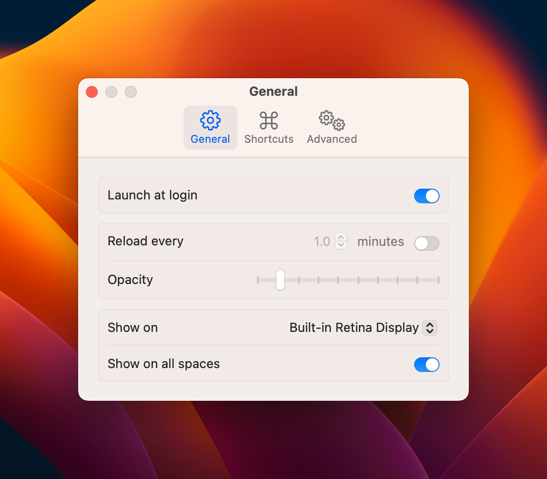 Настройки внешнего вида Plash. Ползунок непрозрачности, выбор экрана и частота обновления.