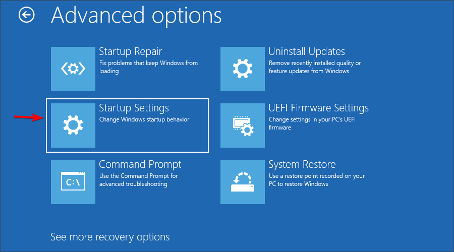 Экран Startup Settings с перечисленными опциями безопасного режима