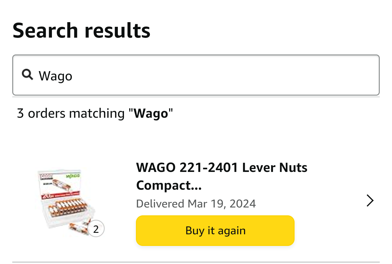 Поиск «wago» в истории заказов показал соответствующие позиции.