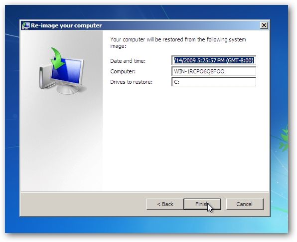 Обзор выбранного образа перед восстановлением