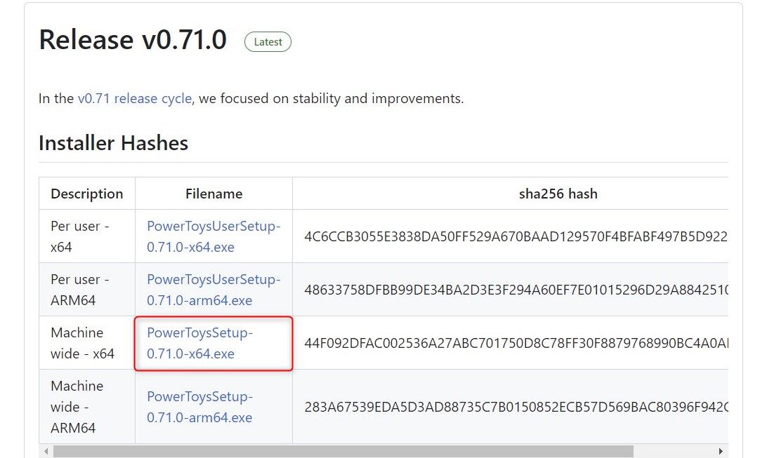 Скачивание PowerToys с GitHub — страница релизов