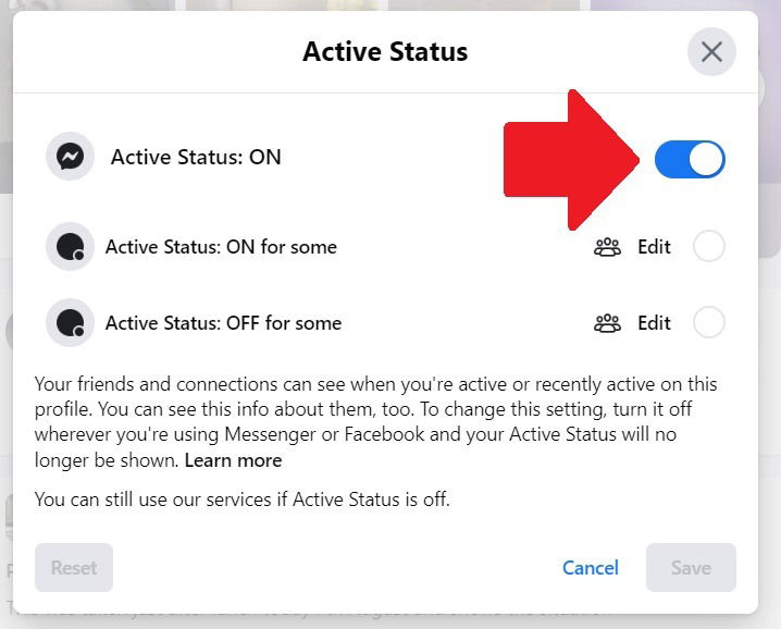 Отключение Active Status в веб‑версии Facebook: тумблер выключен