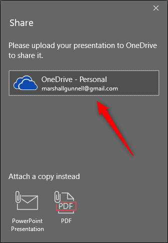 Выбор OneDrive для совместного доступа