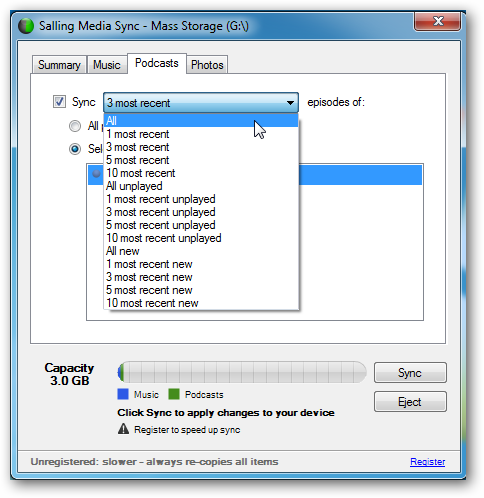 Список подкастов в приложении для синхронизации