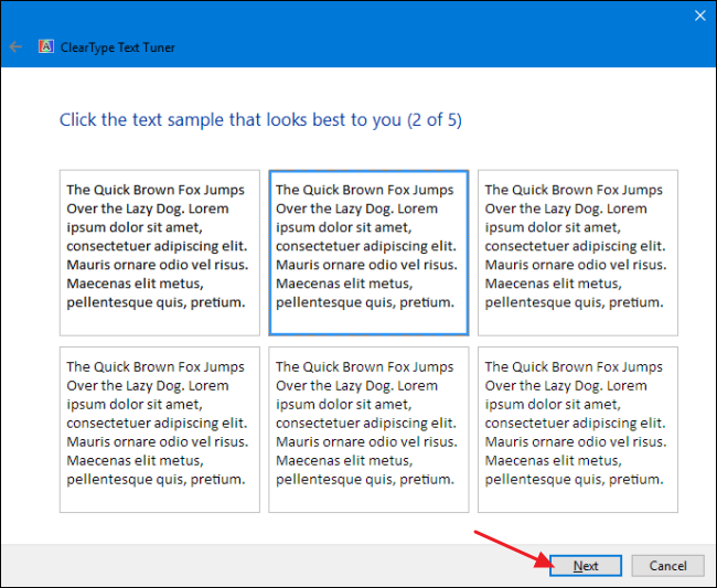 Пример экрана мастера ClearType: выберите наиболее чёткий образец текста