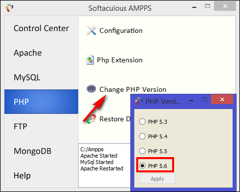 Интерфейс AMPPS Control Center с панелями управления Apache и MySQL