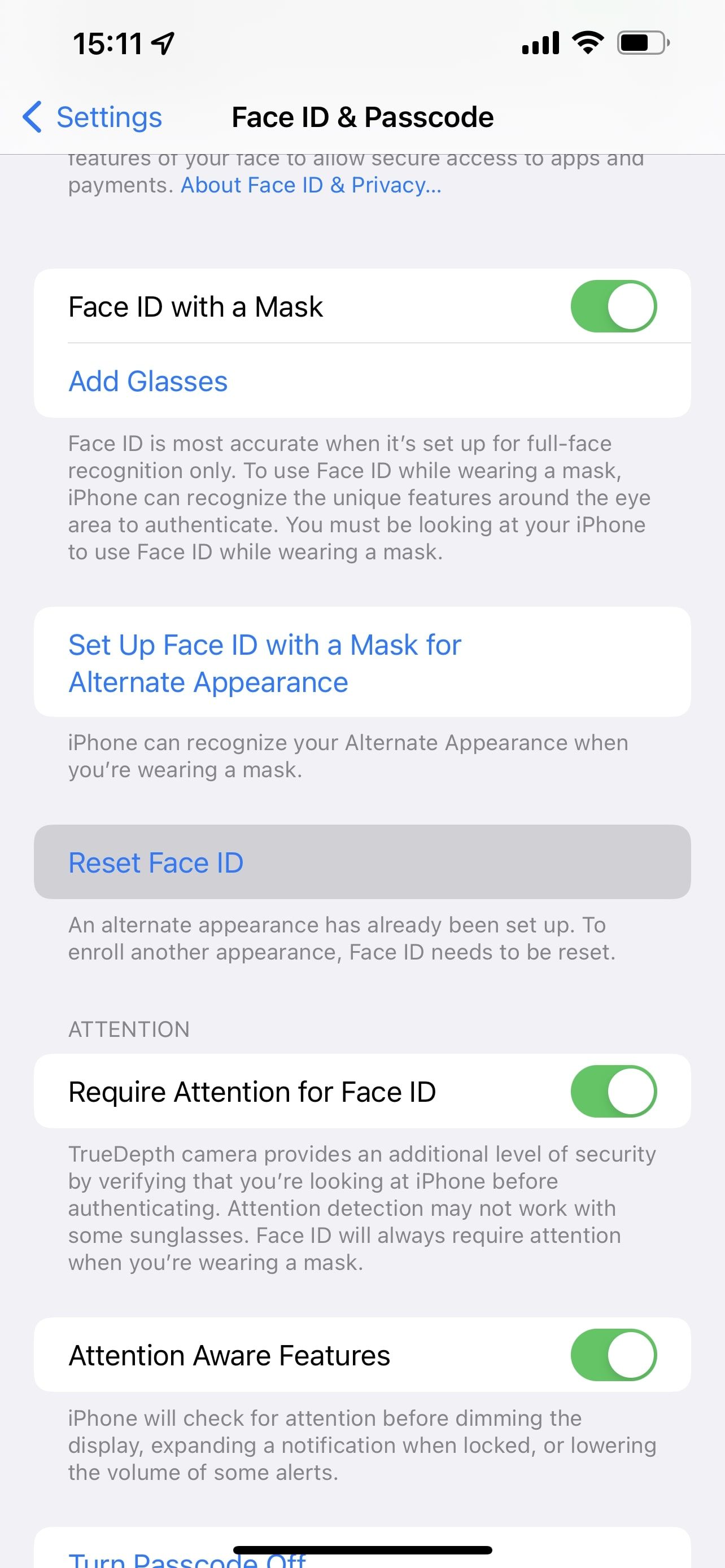 Face ID и код доступа выделены
