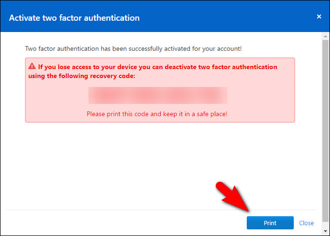 Печать кода восстановления 2FA