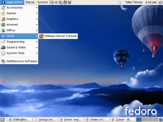 Меню Applications с пунктом VMware Server