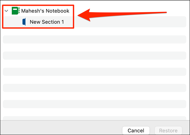 Выбор блокнота для восстановления в OneNote на Mac