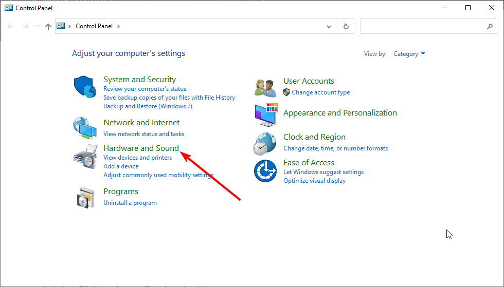 Раздел Оборудование и звук в Панели управления