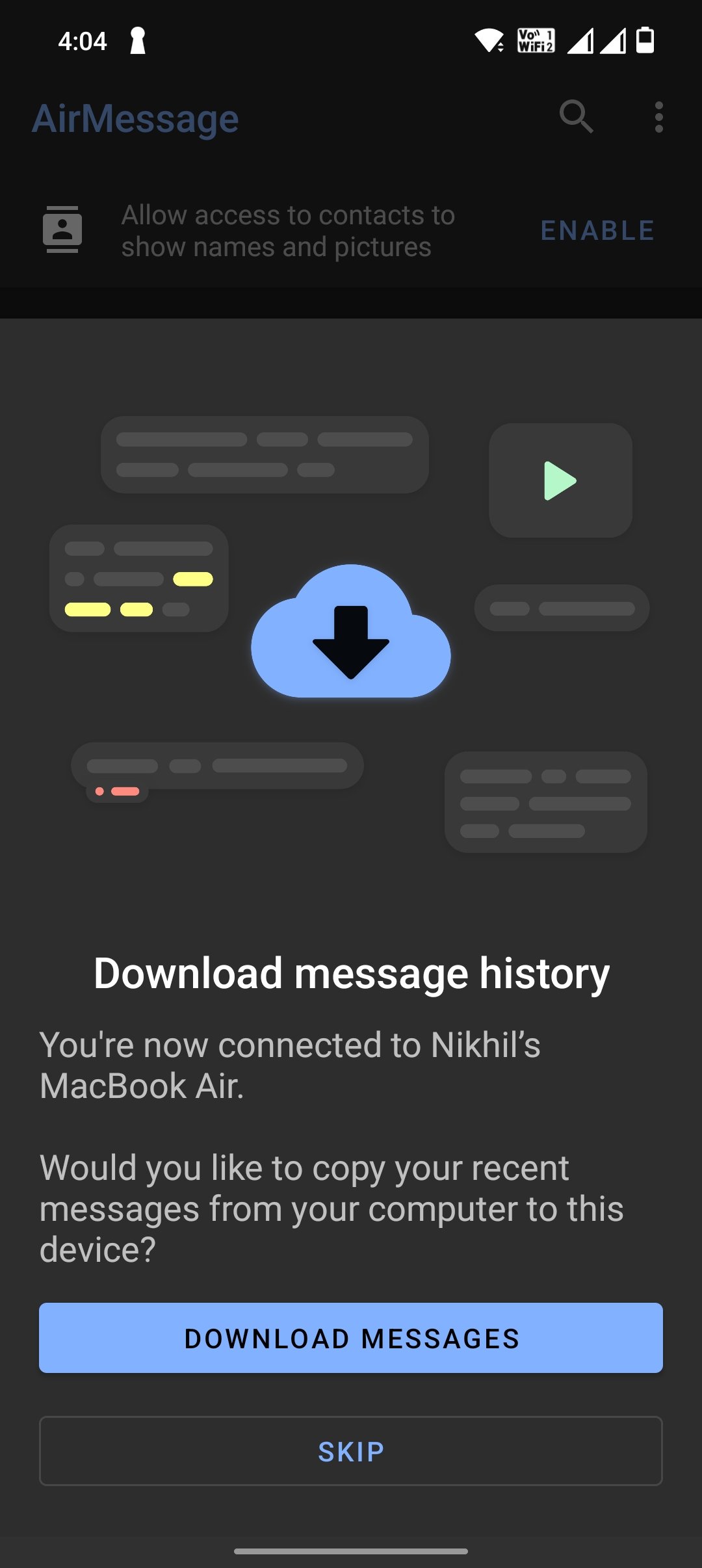 Opción para descargar chats antiguos en AirMessage