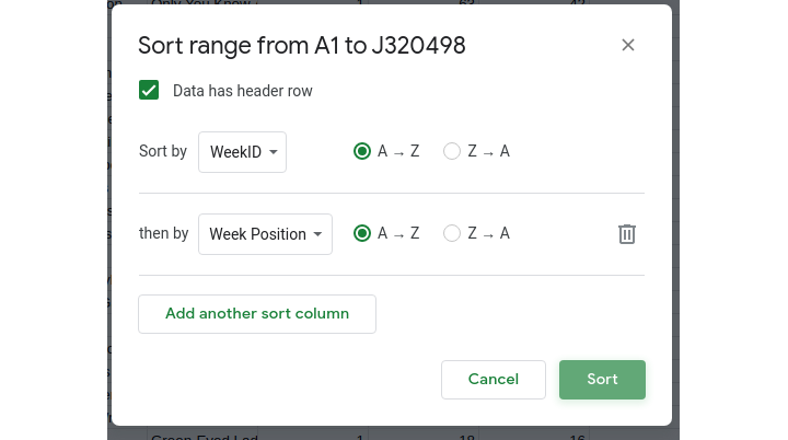 экран расширённой сортировки столбцов в Google Sheets