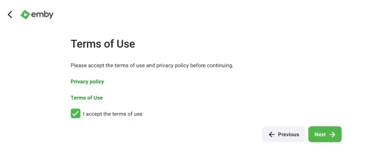 Принятие условий использования Emby