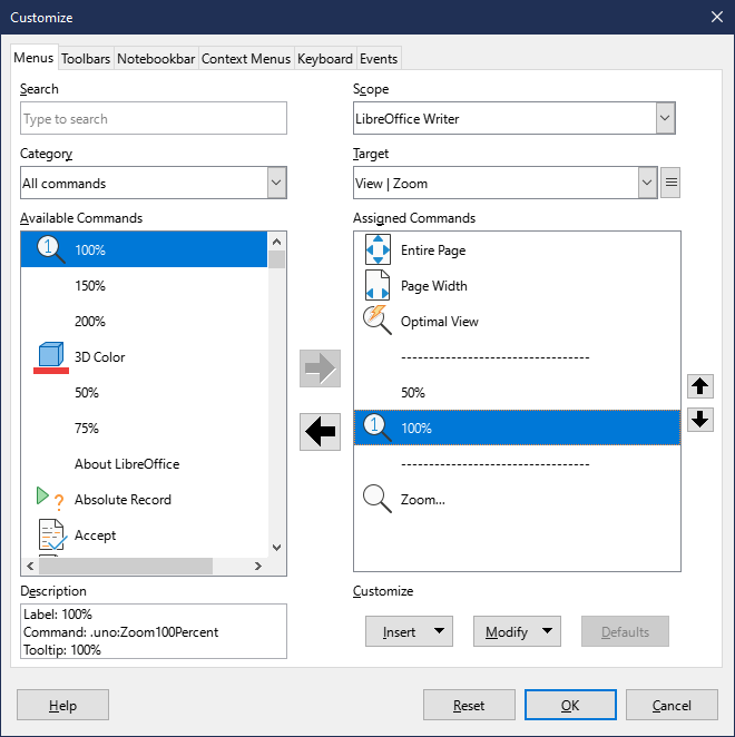 Настройка меню и панелей LibreOffice