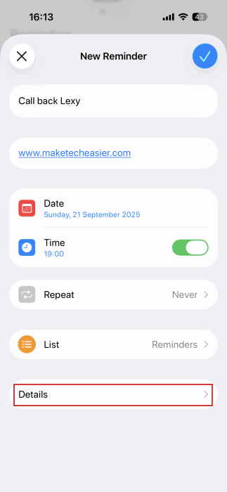Adding details for reminder and then tapping 